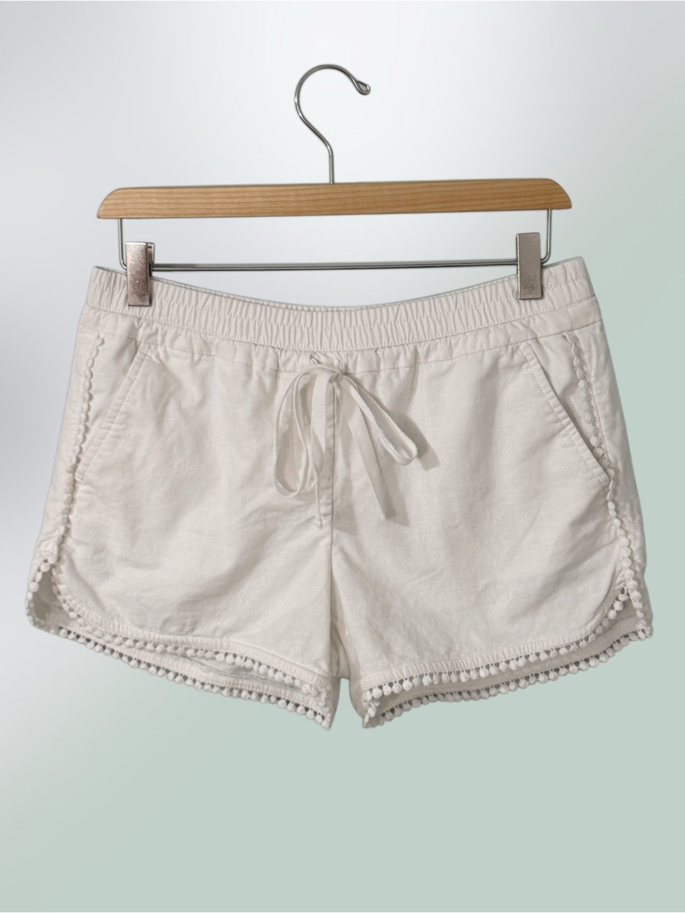 LOFT White Cotton-Linen Blend Embroidered Trim Tie-Front Drawstring Shorts